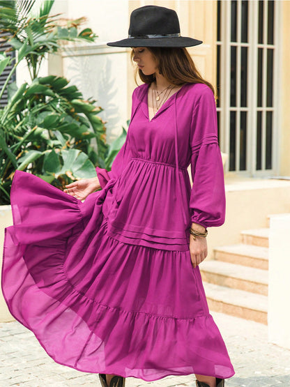 Tie Neck Long Sleeve Tiered Midi Dress – photo 6