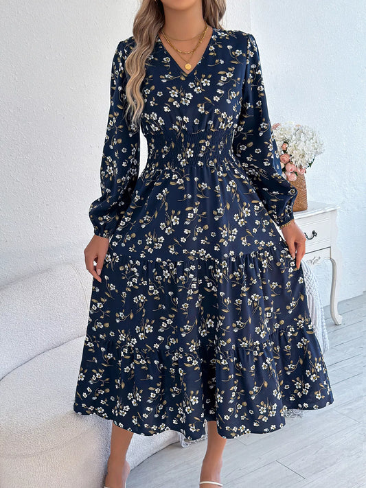 Floral Print Long Sleeve V-Neck Tiered Midi Dress in Navy Blue
