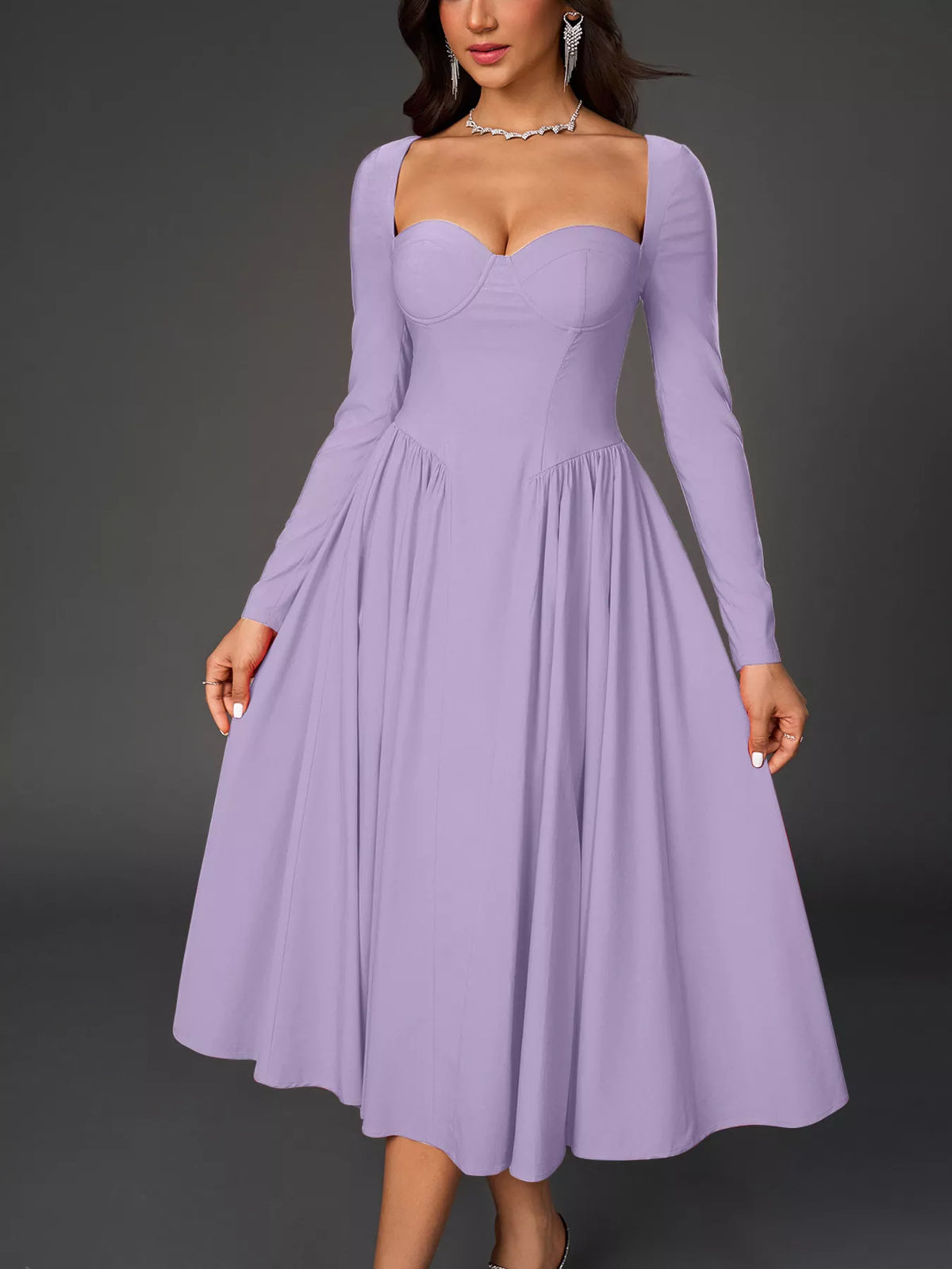 Sweetheart Neckline Long Sleeve A-Line Midi Dress – photo 20
