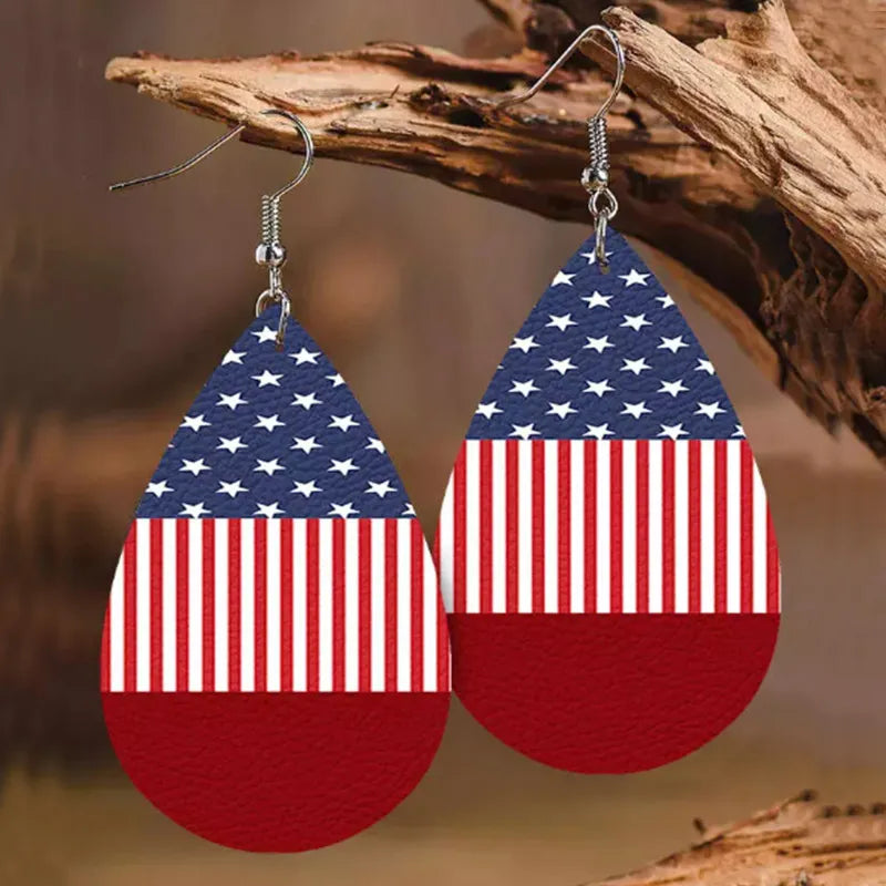 Stars and Stripes PU Leather Teardrop Earrings styling — Livostyle