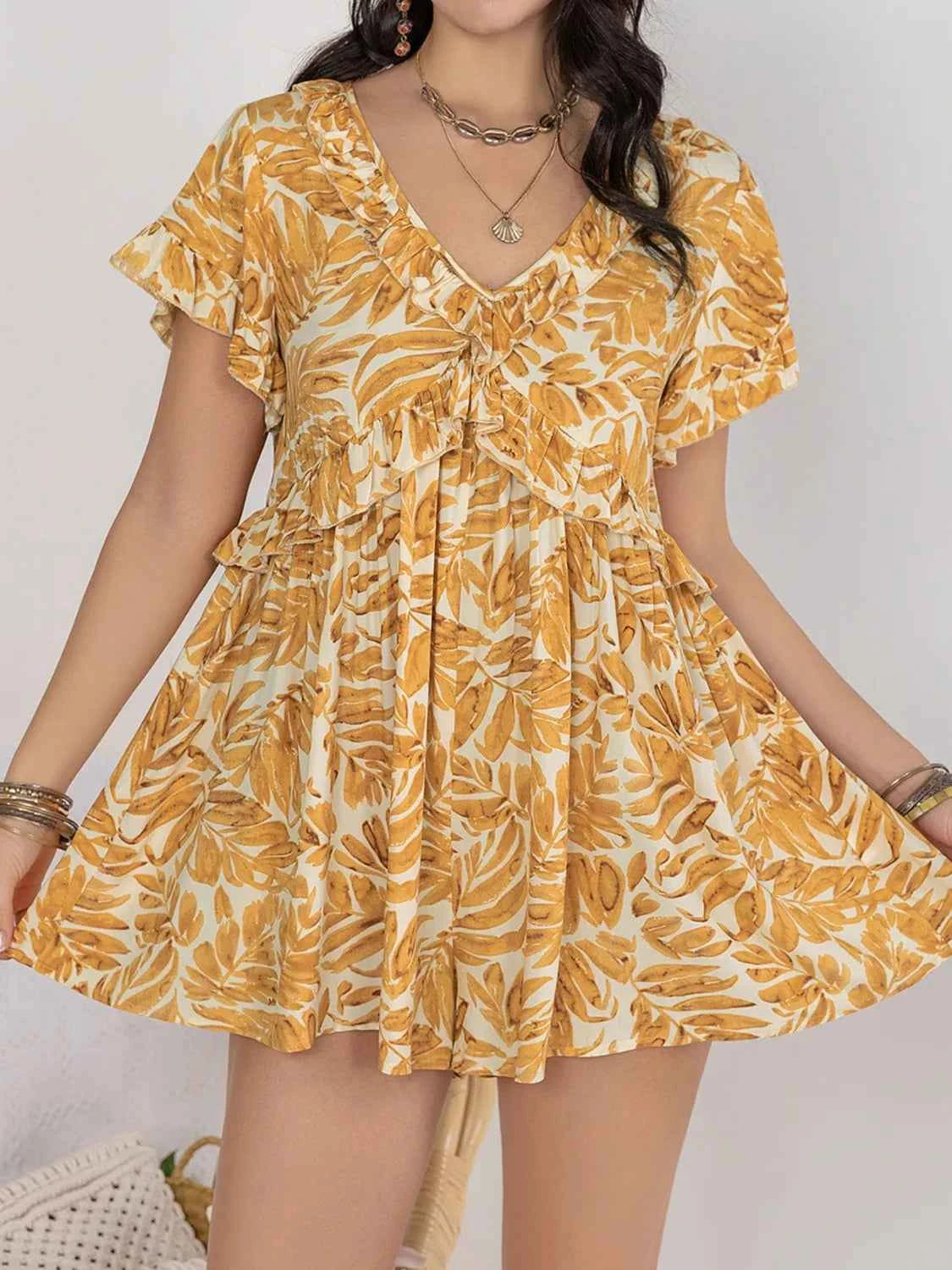 Printed V-Neck Short Sleeve Romper