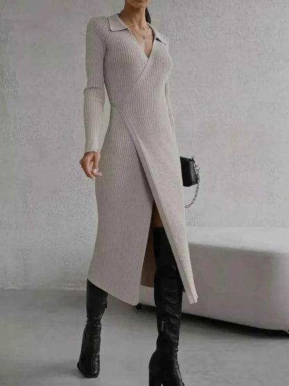 Tied Collared Neck Long Sleeve Sweater Dress — Livostyle
