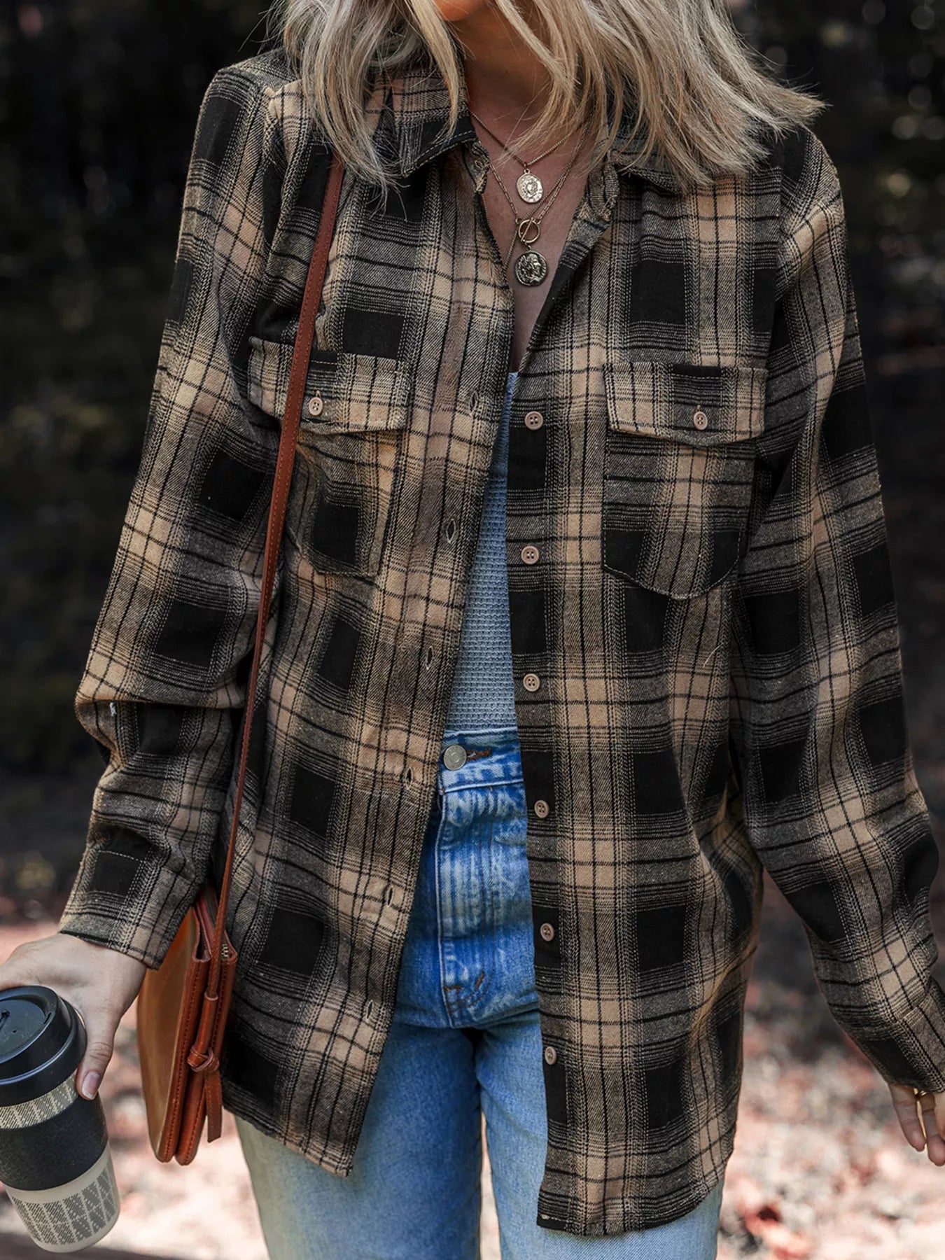 Plaid Double Flap Pocket Brushed Shacket styling — Livostyle