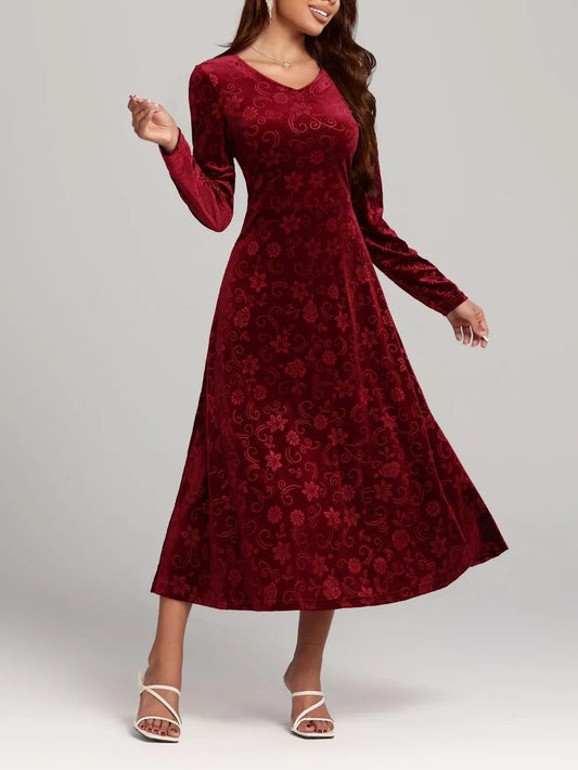 Flower Print V-Neck Long Sleeve Midi Dress in Burgundy