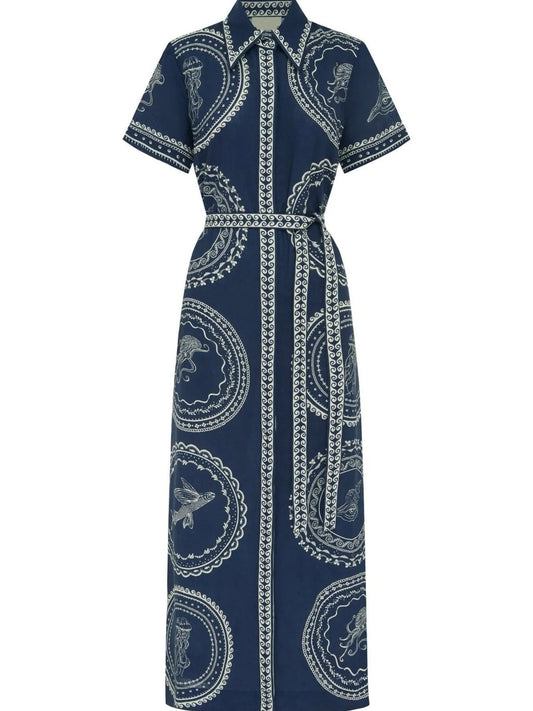 Printed Maxi Shirt Dress with Belt in Blue