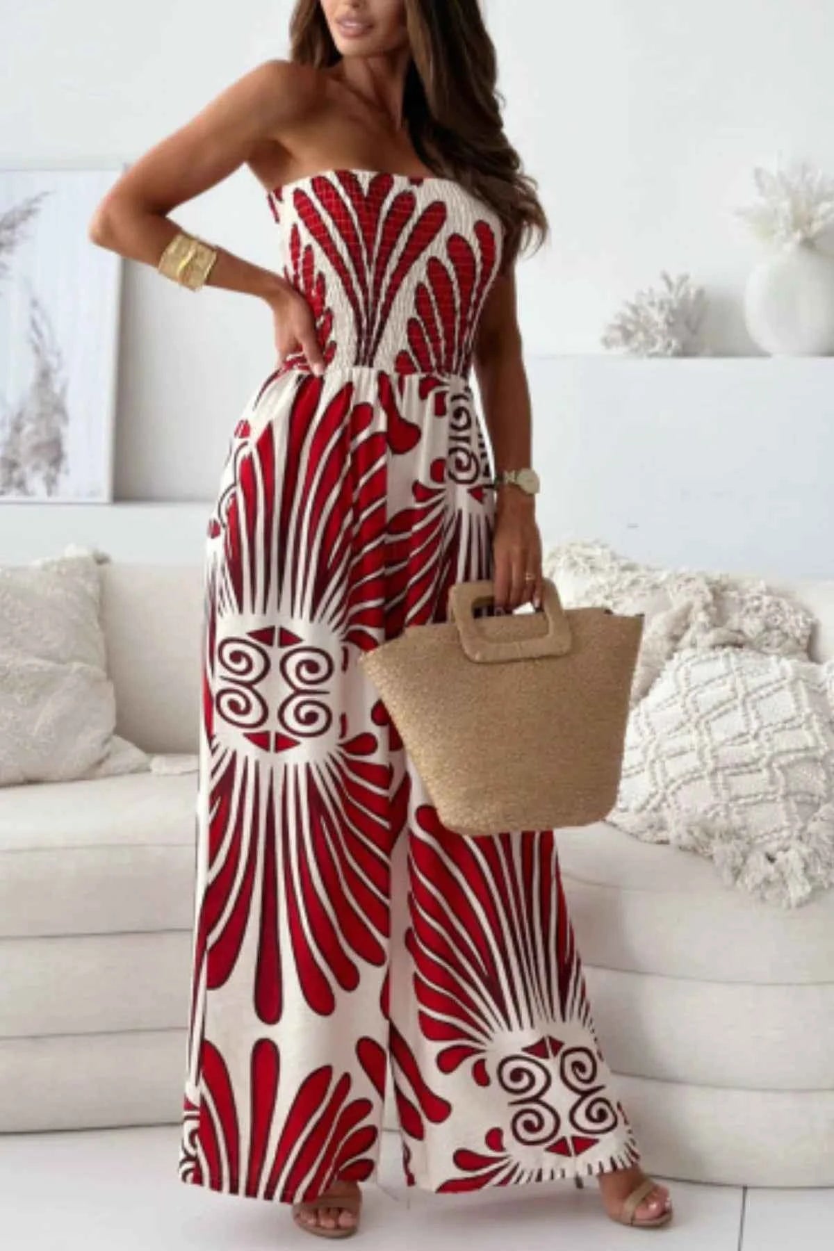 Printed Smocked Tube Wide Leg Jumpsuit