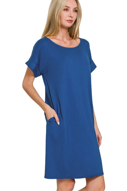 Rolled short-sleeve round-neck T-shirt dress — Livostyle