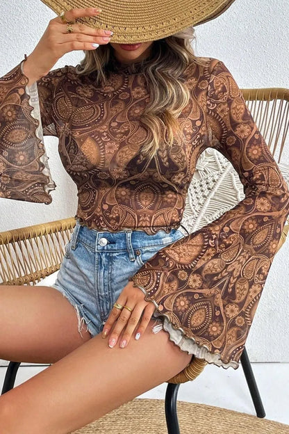 Printed Mock Neck Flare Sleeve Top styling — Livostyle