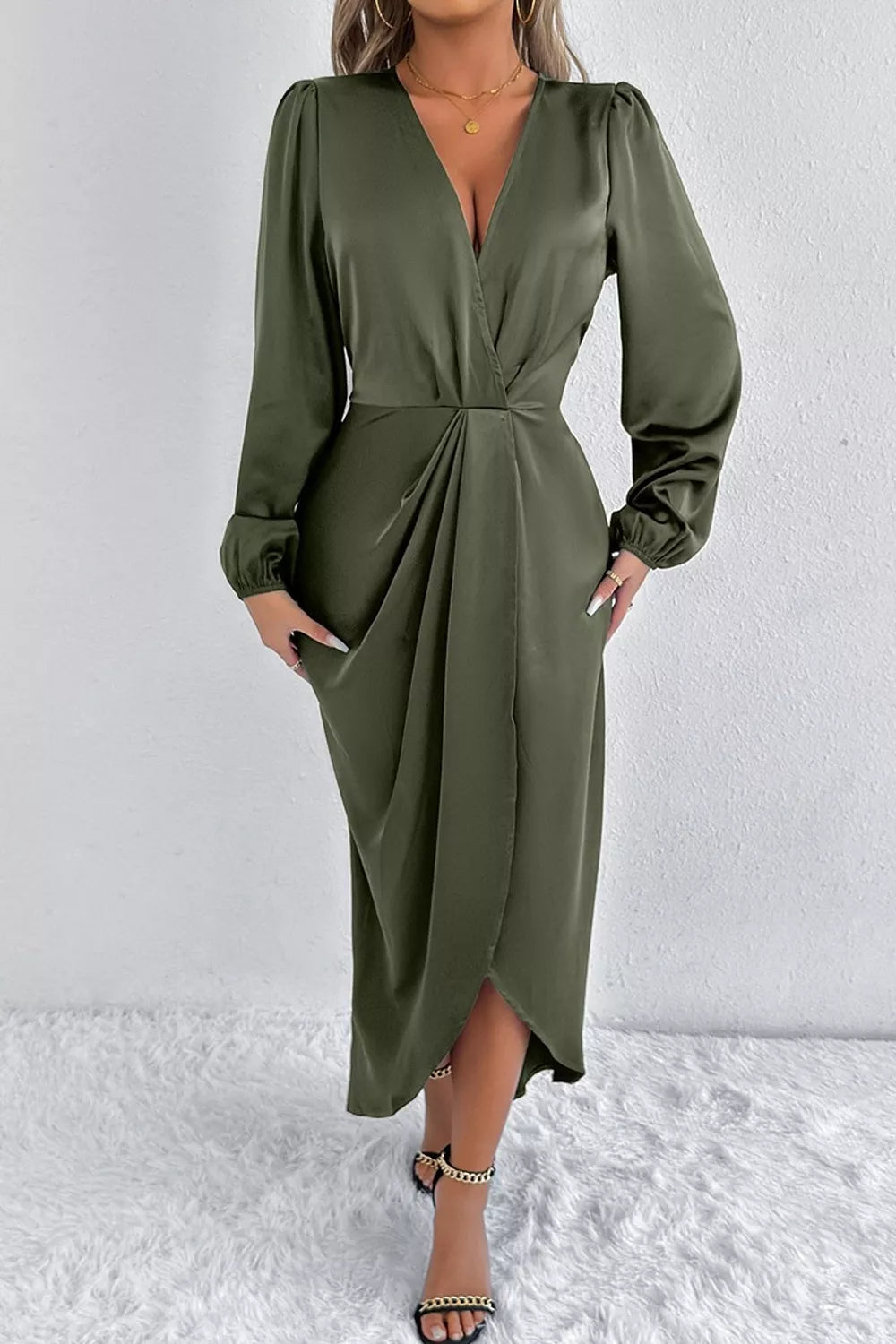 Satin Balloon Sleeve Midi Dress with Slit – photo 2