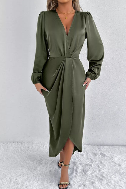 Satin Balloon Sleeve Midi Dress with Slit – photo 2