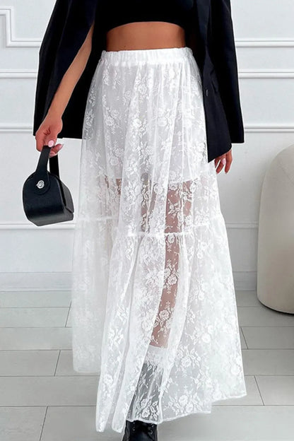 Lace Elastic Waist Maxi Skirt detail — Livostyle