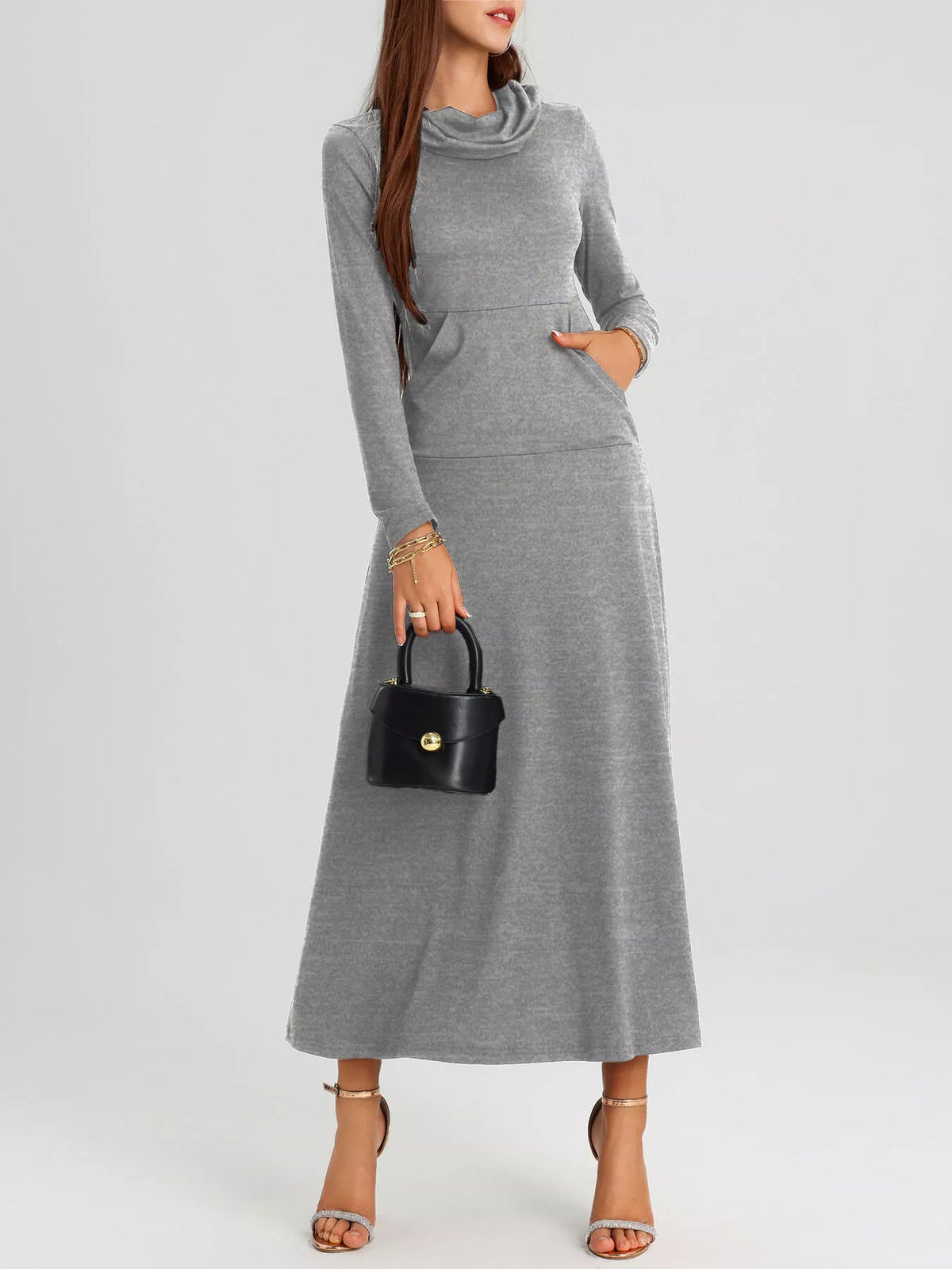 Cowl Neck Long Sleeve Midi Dress with Pockets – photo 3