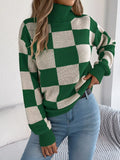 Checkered Turtleneck Long Sleeve Sweater — Livostyle