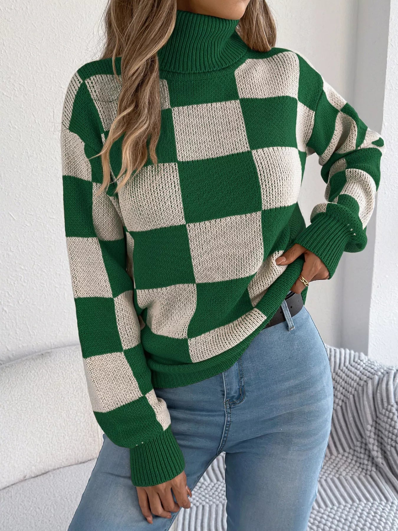Checkered Turtleneck Long Sleeve Sweater — Livostyle