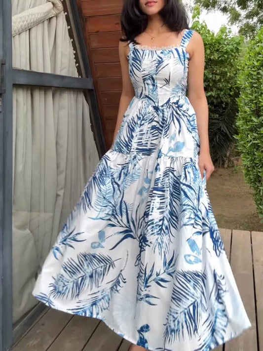 Tropical Print Tiered Maxi Dress with Lace Detail in Blue