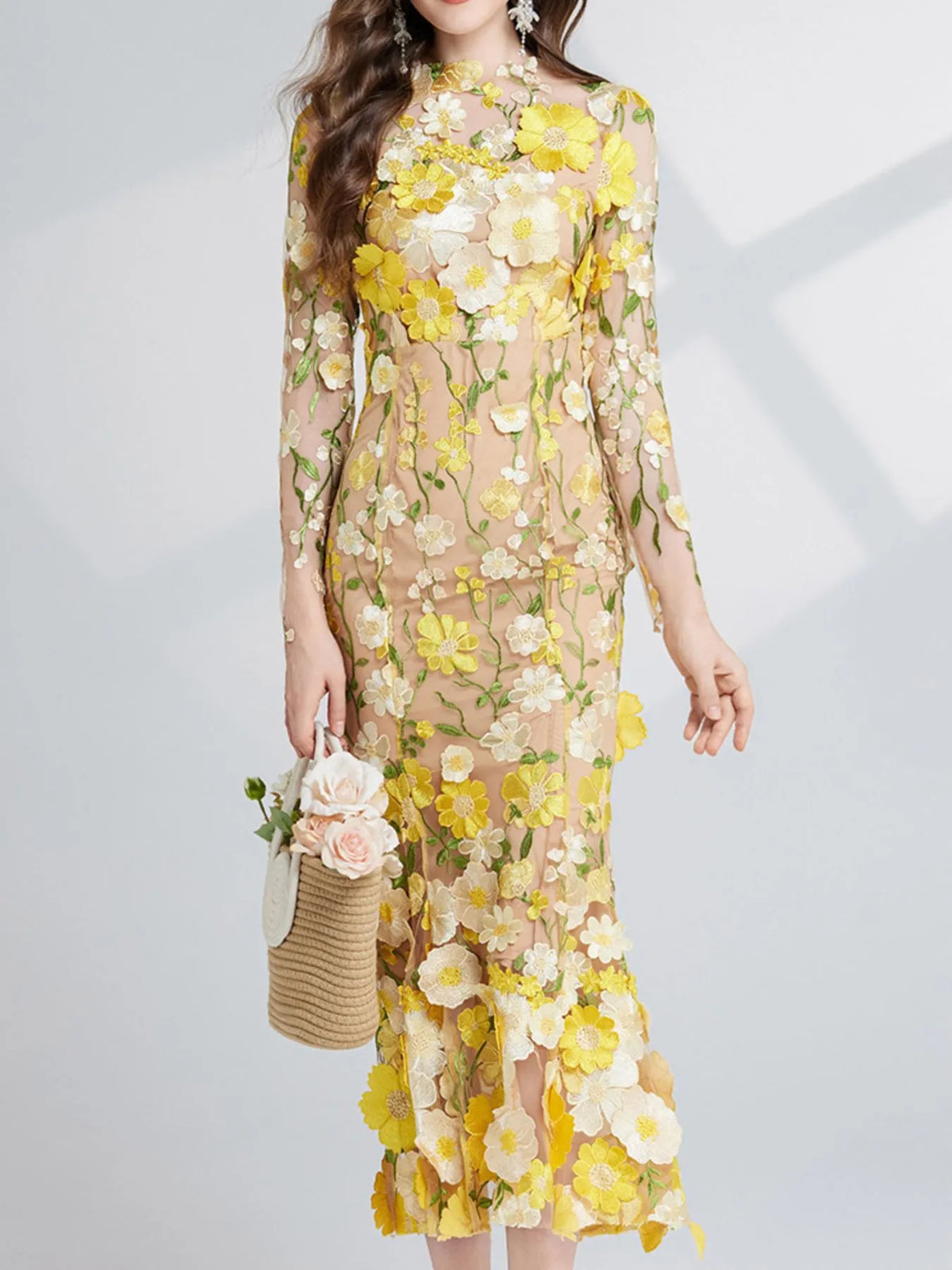 Floral Embroidered Mesh Long Sleeve Tiered Midi Dress – photo 18
