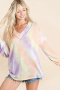 Chic Tie Dye V-neck Top with Puff Sleeves & French Terry Fabric — Livostyle