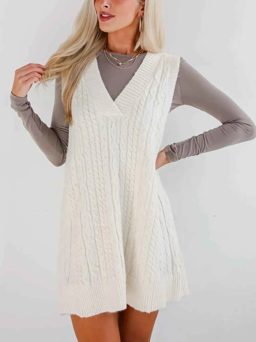 Lovelet Cable Knit V-Neck Mini Sweater Overall Dress