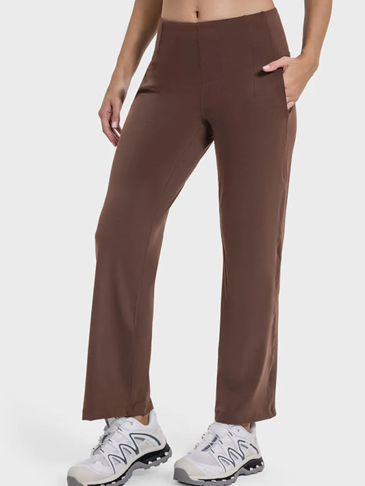 Pocketed High Waist Active Pants in Brown