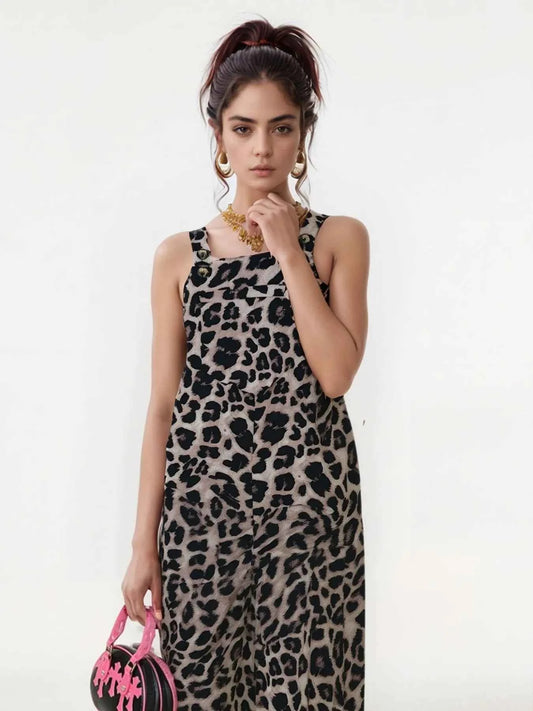 Plus Size Leopard Print Wide Leg Casual Overalls