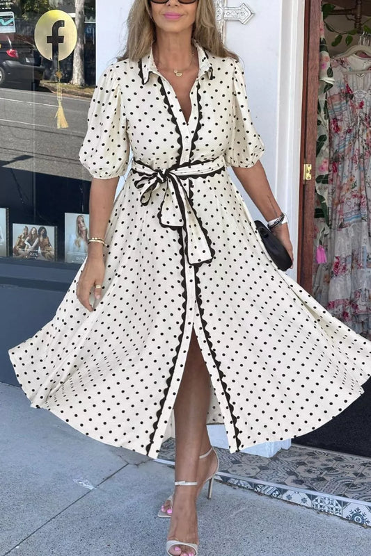 Polka Dot Half Sleeve Belted Midi Dress with Buttons in Beige