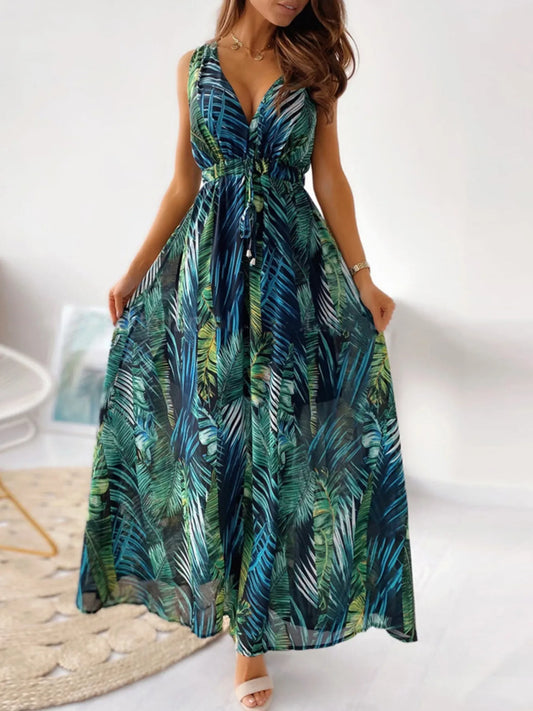 Leaf Print Sleeveless Maxi Dress in French Blue
