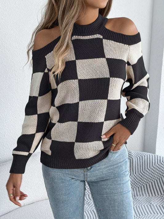 Cold Shoulder Checkered Long Sleeve Sweater detail — Livostyle