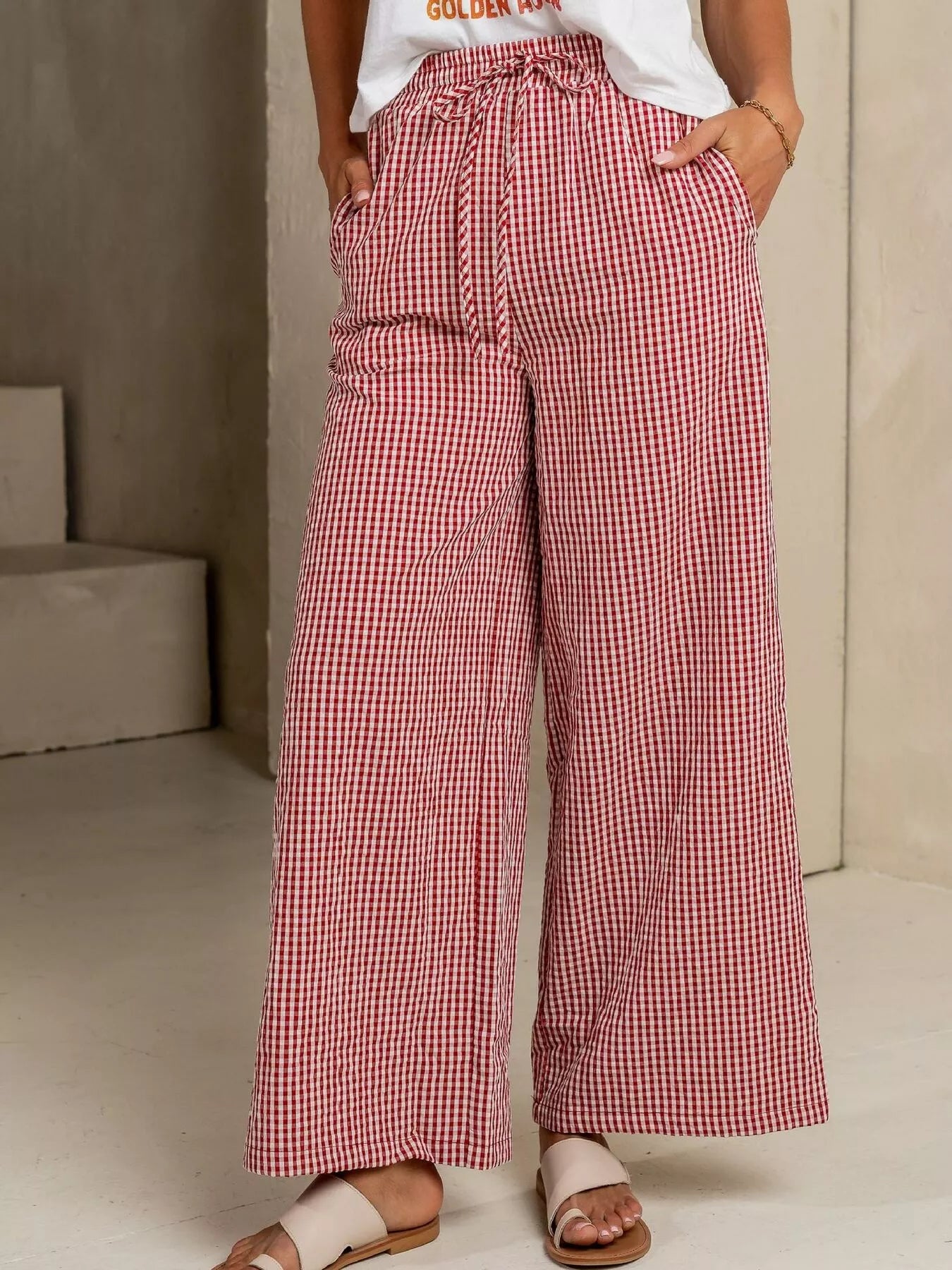 Gingham Print Wide Leg Casual Pants — Livostyle