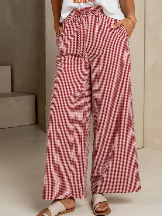 Gingham Print Wide Leg Casual Pants — Livostyle