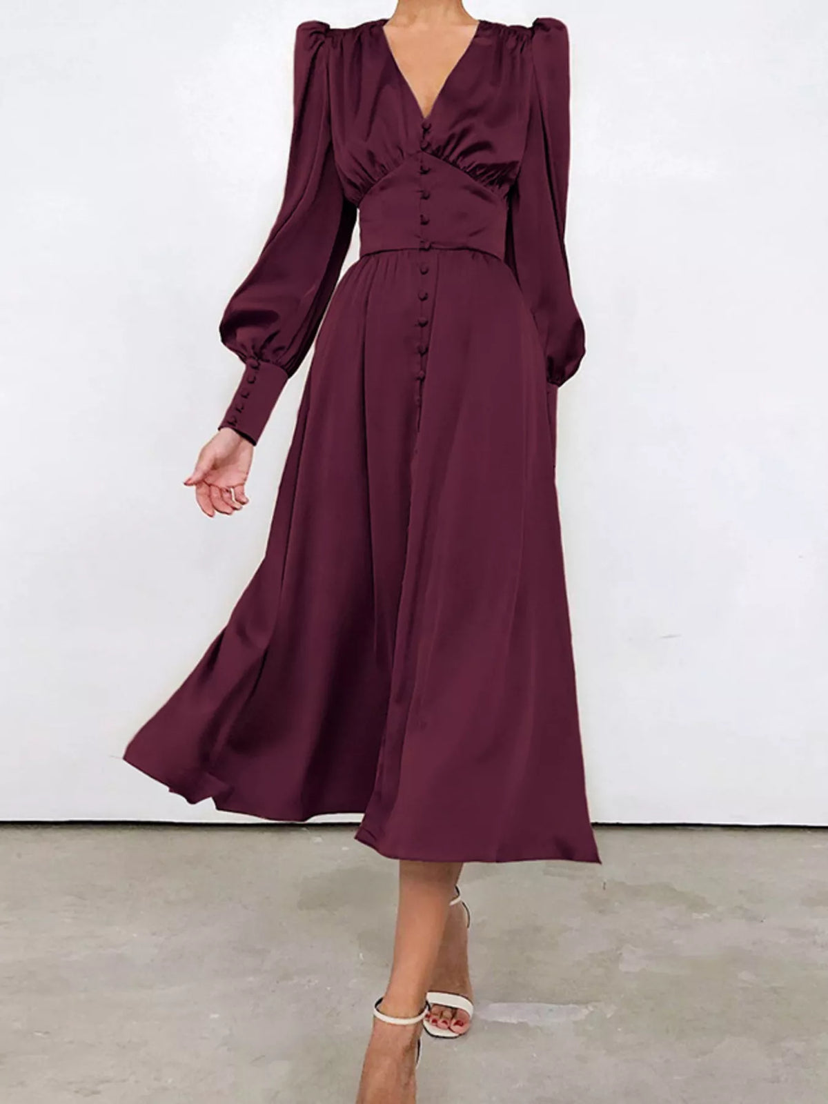 V-Neck Puff Sleeve Button-Down Midi Dress in Burgundy