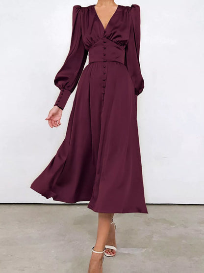 V-Neck Puff Sleeve Button-Down Midi Dress in Burgundy