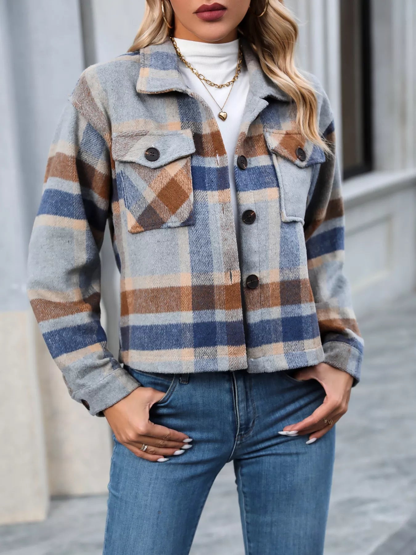Plaid Oversized Button-Up Cropped Jacket back view — Livostyle