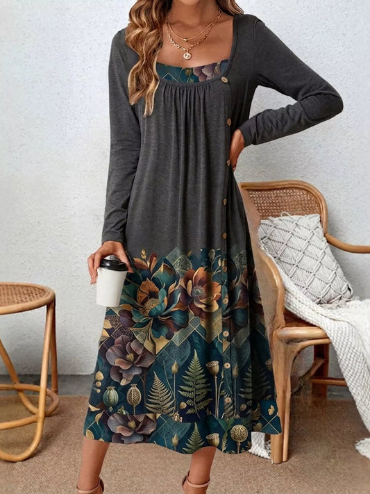 Floral Print Long Sleeve Midi Dress with Pockets – Plus Size in Gray