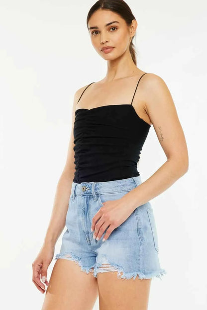 Raw Hem Distressed High Waist Denim Shorts — Livostyle