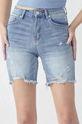 High Rise Distressed Denim Shorts with Raw Hem in Light