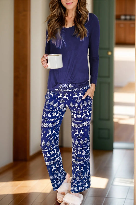 Round Neck Long Sleeve Top and Printed Pants Lounge Set — Livostyle