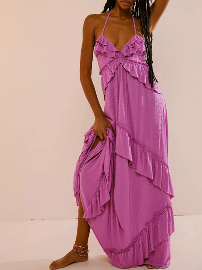 Ruffled Halter Neck Tie Maxi Dress in Heliotrope Purple