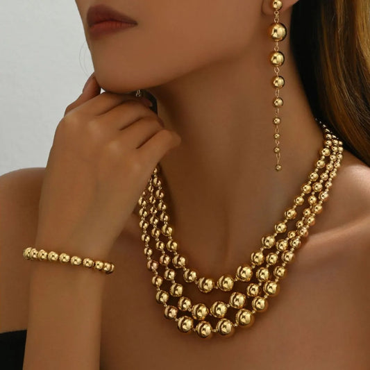 18K Stainless Steel Beaded Multi-Layered Necklace Bracelet Earrings — Livostyle