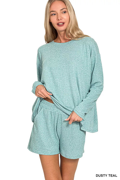 Soft melange long-sleeve tee and shorts matching set — Livostyle