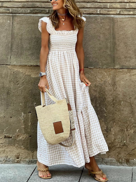Plaid Ruffle Sleeve Smocked Maxi Dress in Beige