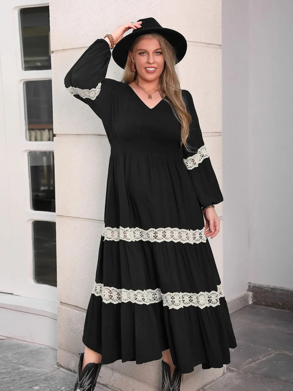 Lace Detail Openwork V-Neck Long Sleeve Midi Dress – Plus Size – photo 2