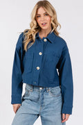 Button Down Cropped Denim Jacket with Patch Pockets in Peacock  Blue — Livostyle