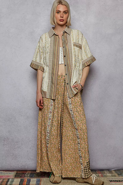 Printed Button Down Patchwork Short Sleeve Shirt back view — Livostyle
