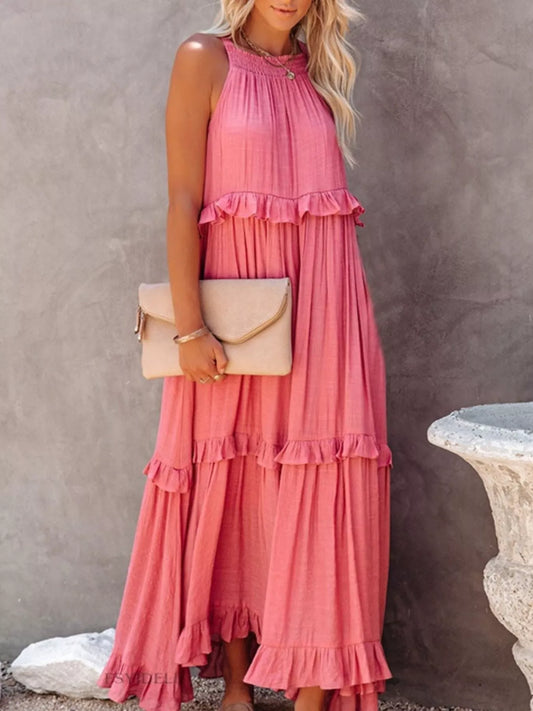 Ruffled Tiered Sleeveless Tie Maxi Dress in Pink