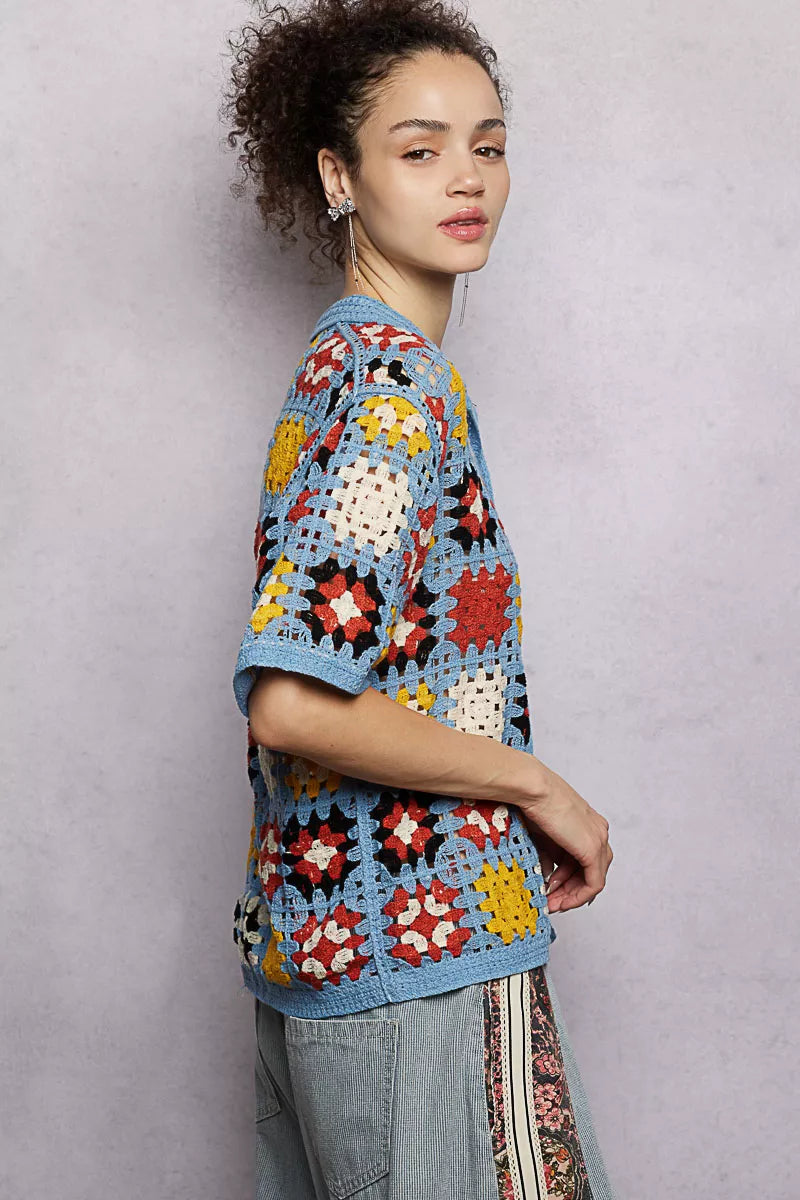 Crochet Short Sleeve Relaxed Fit Shirt back view — Livostyle