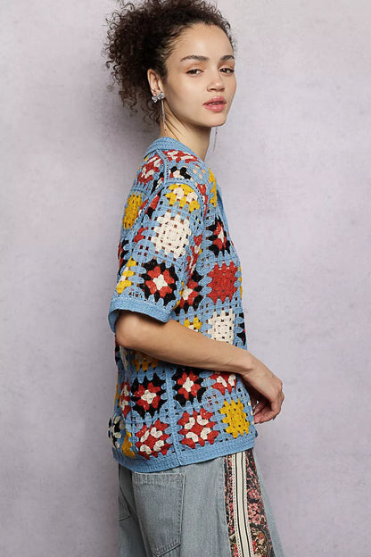 Crochet Short Sleeve Relaxed Fit Shirt back view — Livostyle