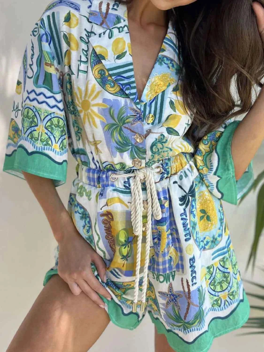 Printed Collared Neck Half Sleeve Romper