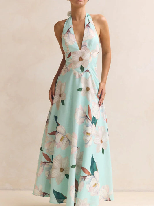Floral Print Halter Neck Maxi Dress with Lace-Up Back in Green