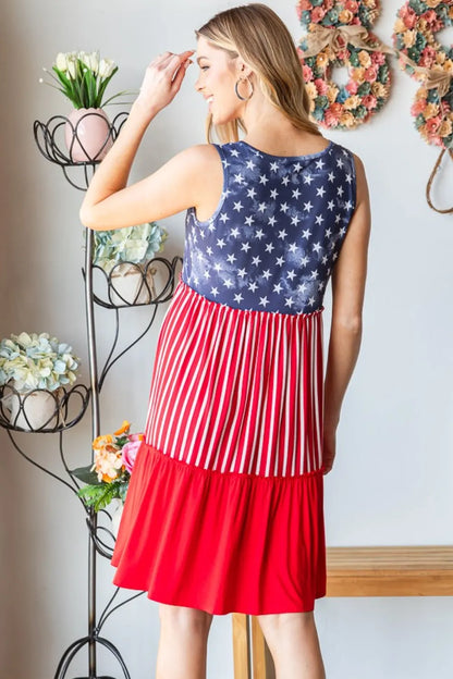 Full Size US Flag Theme Contrast Tank Dress closeup — Livostyle