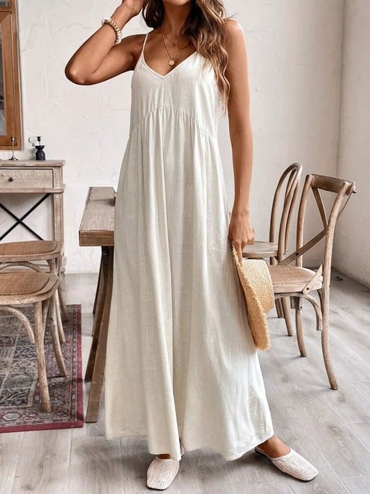 Ruched Spaghetti Strap Maxi Dress in Rayon Linen
